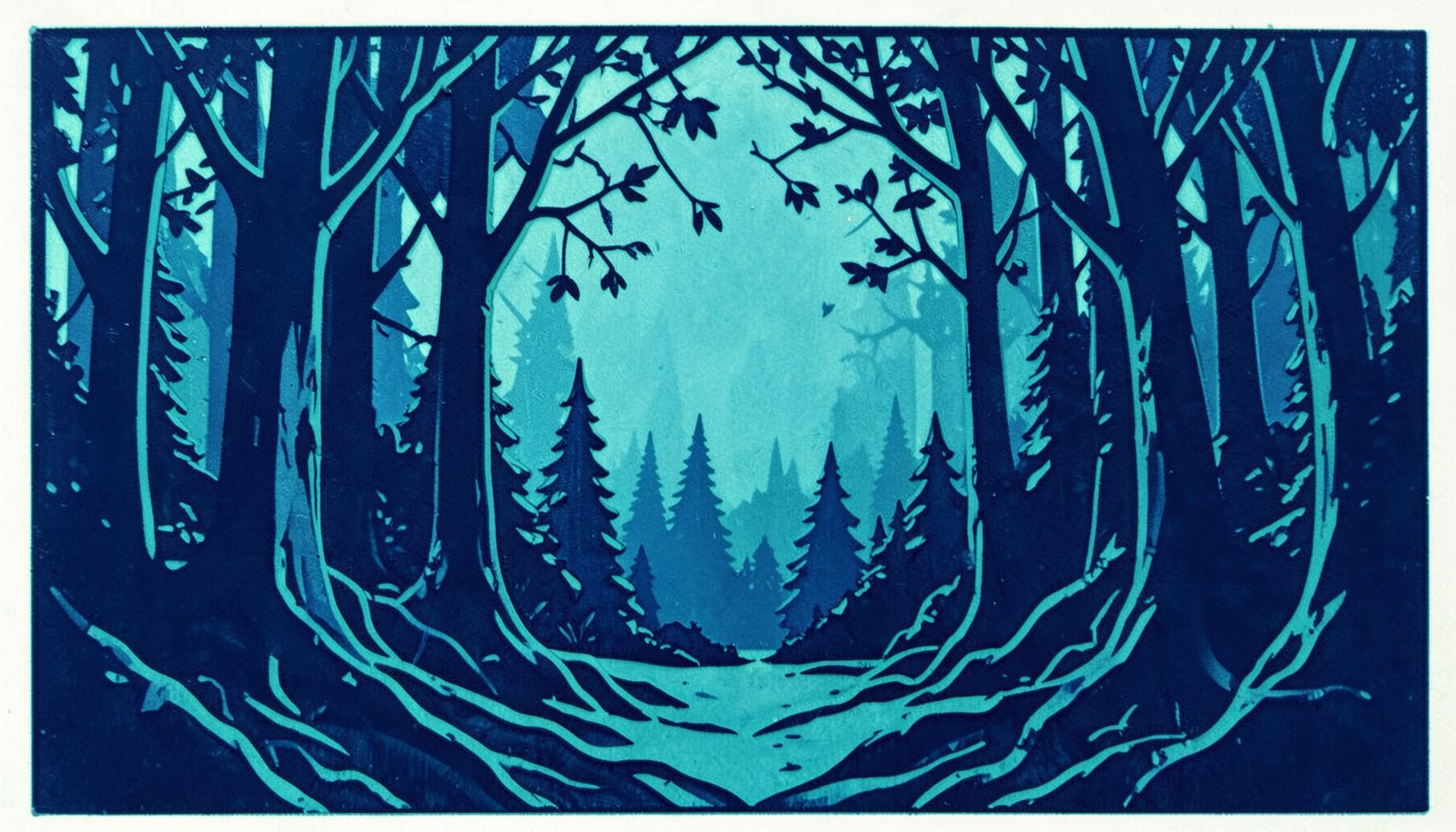 Yoğun bir çam ormanının katmanlı teal, mavi ve koyu yeşil tonlarında stilize edilmiş silüeti, sisli bir derinlik hissi veren linocut tarzı rölyef baskı