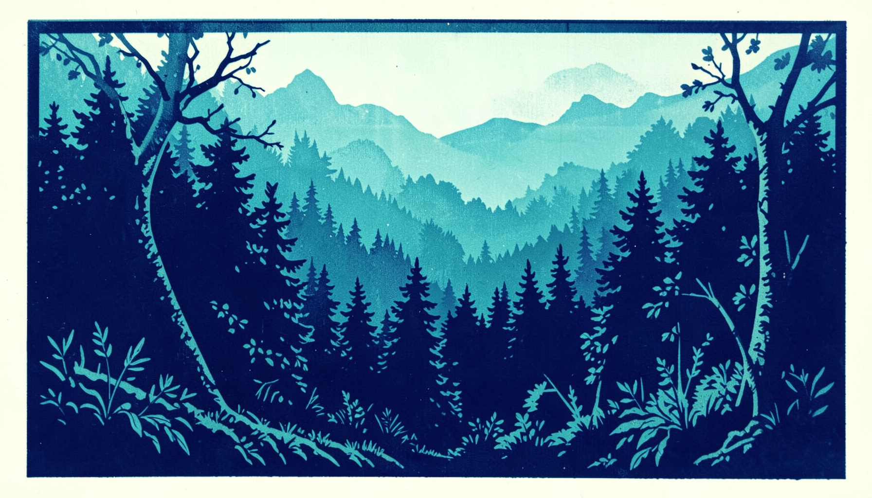 Yoğun bir çam ormanının katmanlı silüeti; teal, mavi ve koyu yeşil tonlarında sisli bir derinlik hissi veren linocut baskı